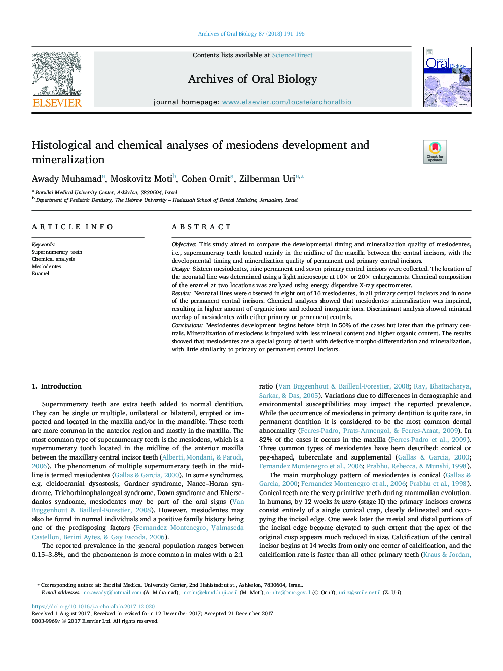 Histological and chemical analyses of mesiodens development and mineralization