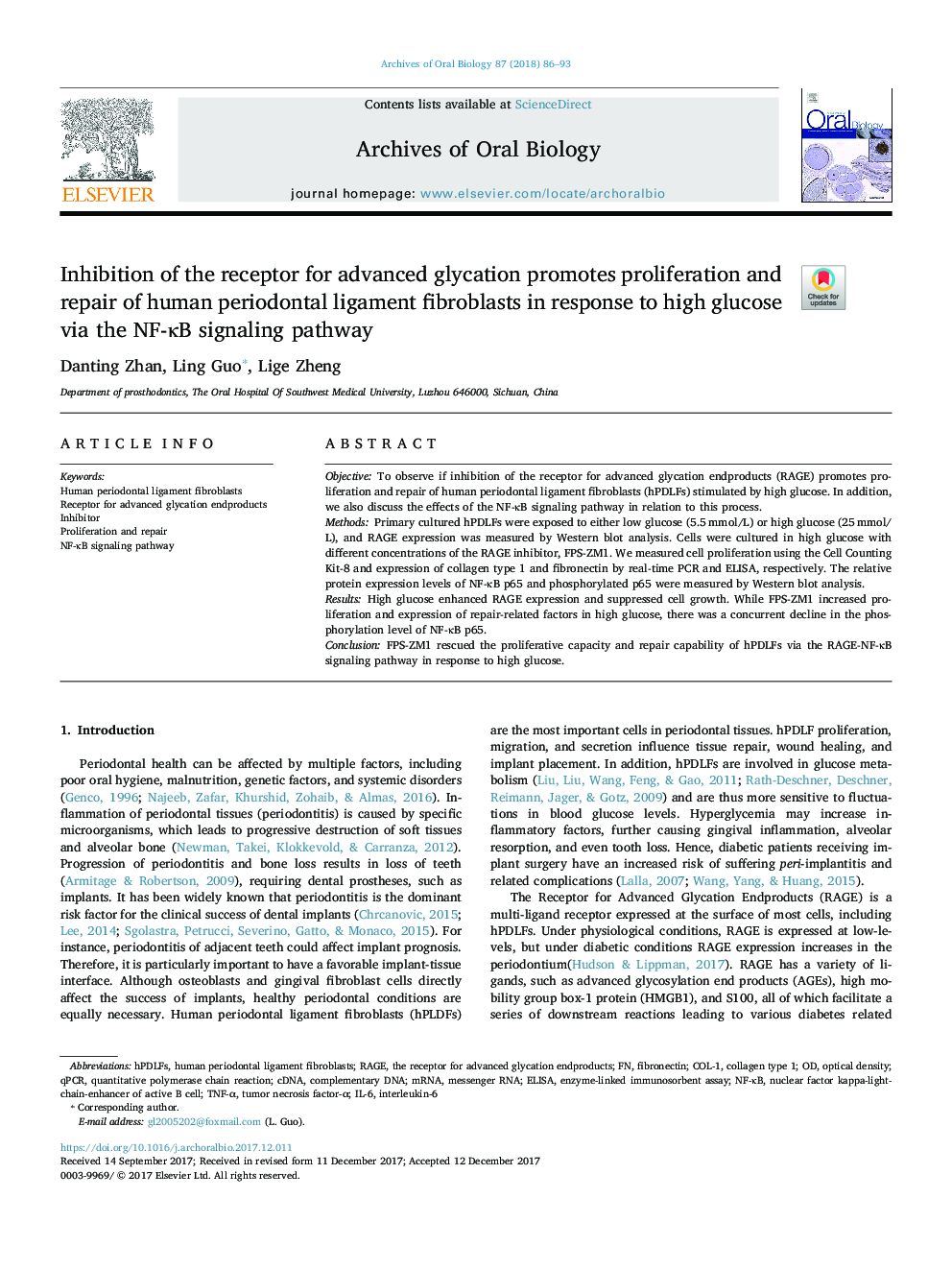 Inhibition of the receptor for advanced glycation promotes proliferation and repair of human periodontal ligament fibroblasts in response to high glucose via the NF-ÎºB signaling pathway