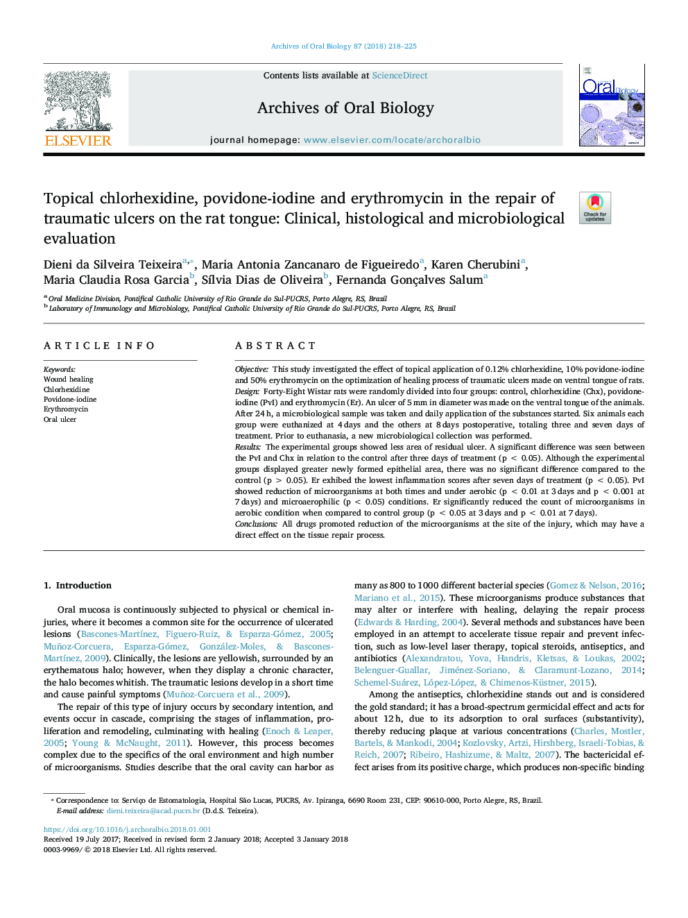 Topical chlorhexidine, povidone-iodine and erythromycin in the repair of traumatic ulcers on the rat tongue: Clinical, histological and microbiological evaluation