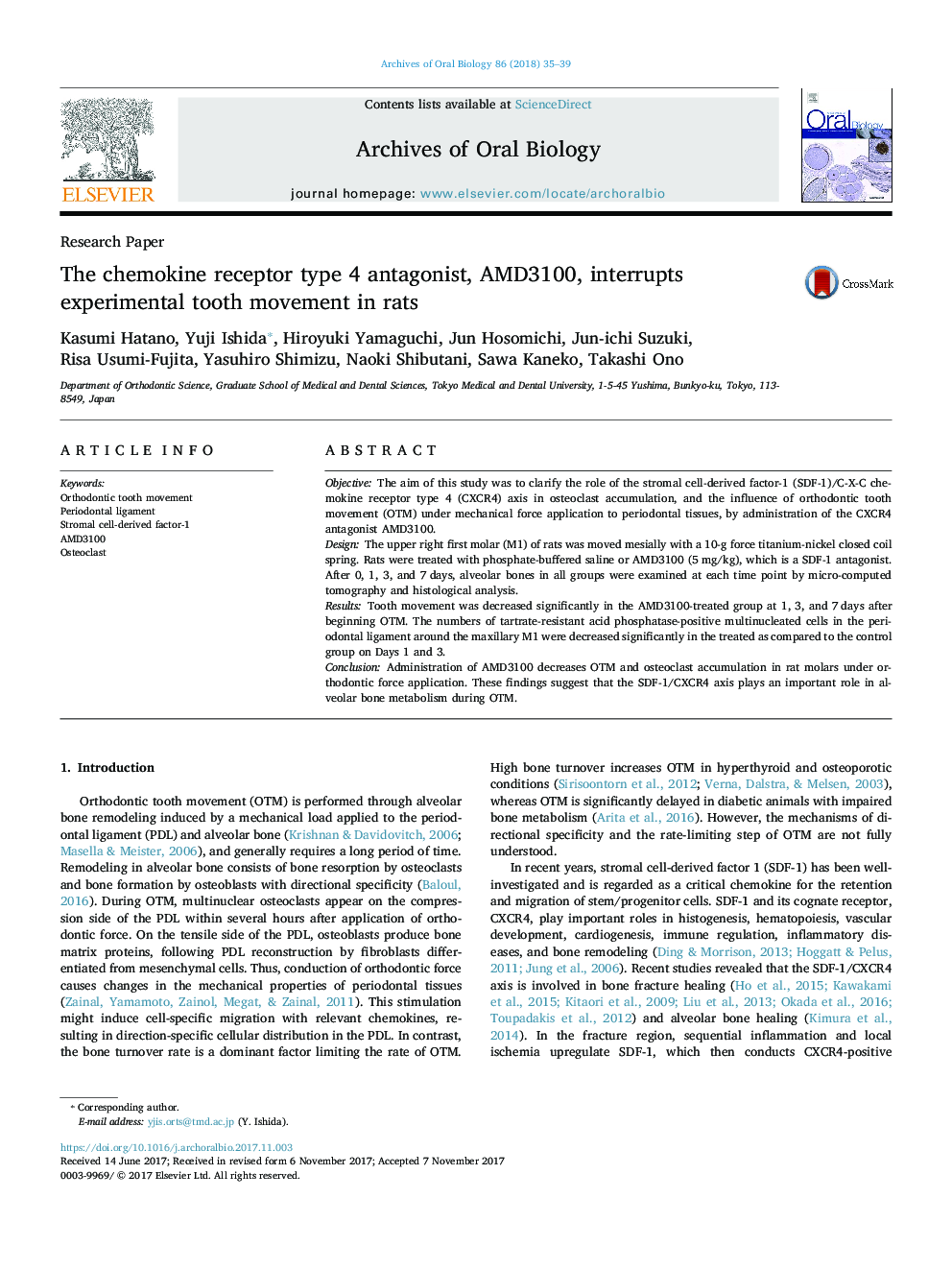 The chemokine receptor type 4 antagonist, AMD3100, interrupts experimental tooth movement in rats