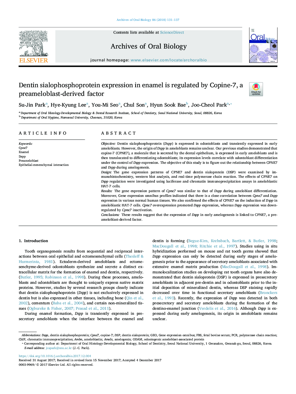 Dentin sialophosphoprotein expression in enamel is regulated by Copine-7, a preameloblast-derived factor