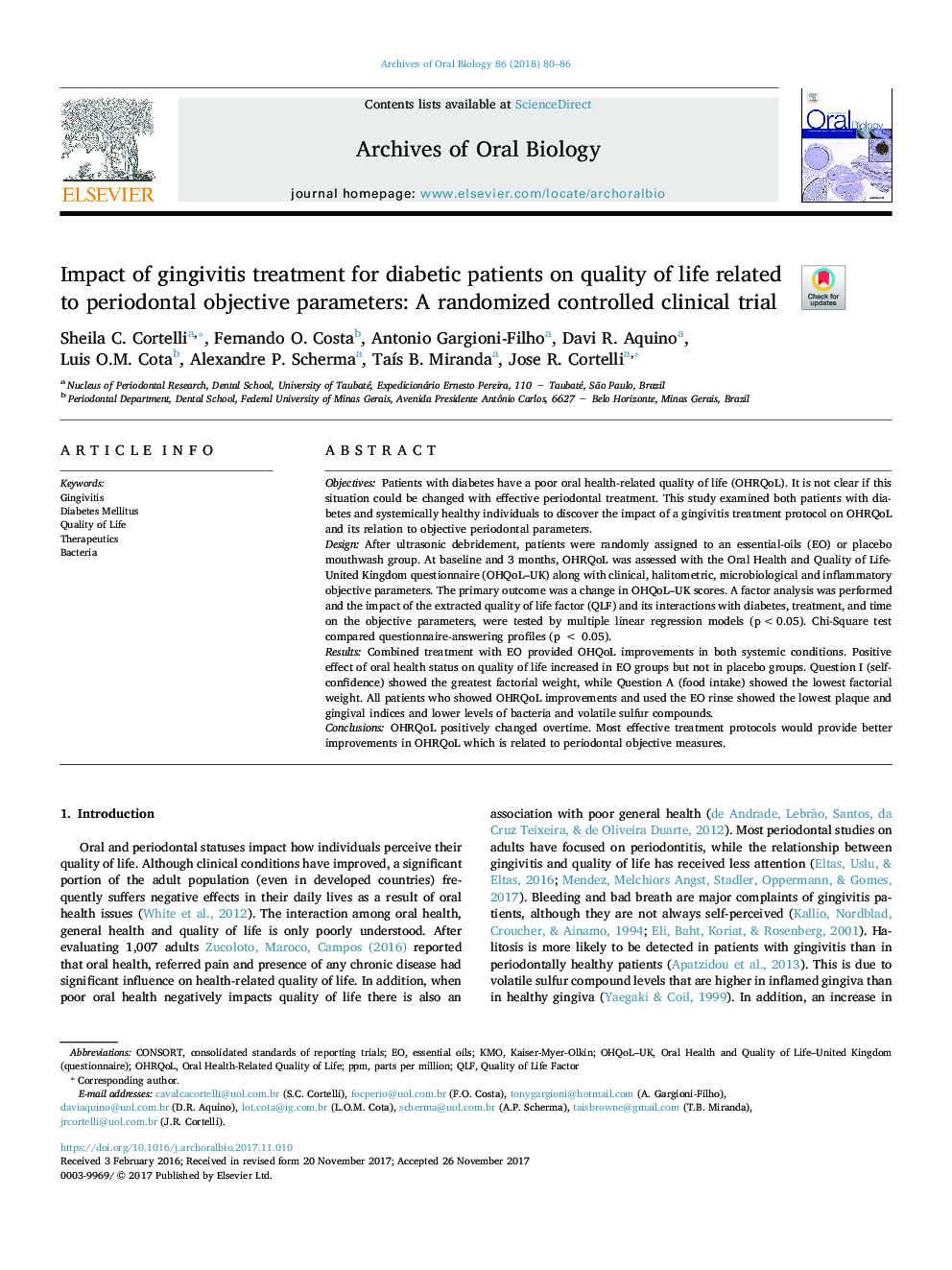 Impact of gingivitis treatment for diabetic patients on quality of life related to periodontal objective parameters: A randomized controlled clinical trial