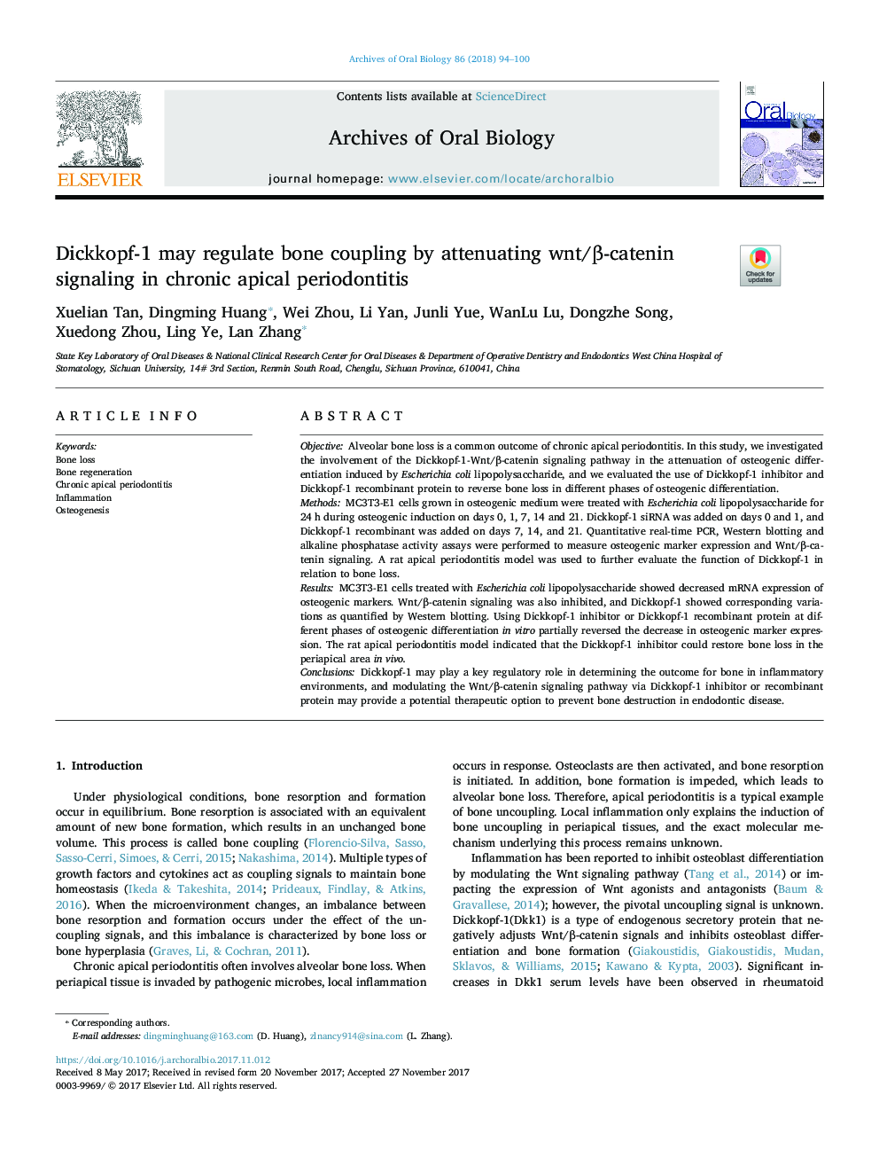 Dickkopf-1 may regulate bone coupling by attenuating wnt/Î²-catenin signaling in chronic apical periodontitis