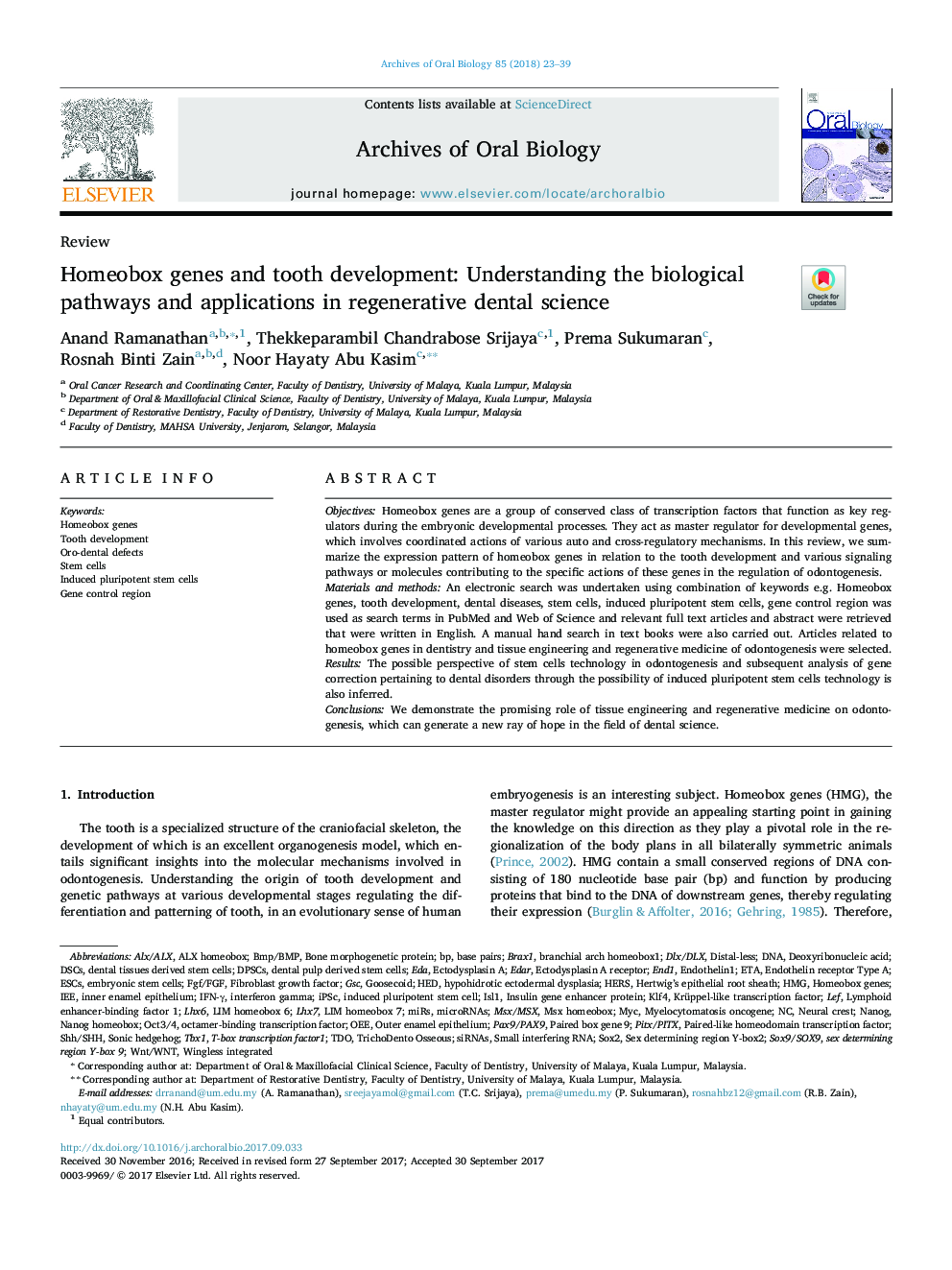 Homeobox genes and tooth development: Understanding the biological pathways and applications in regenerative dental science
