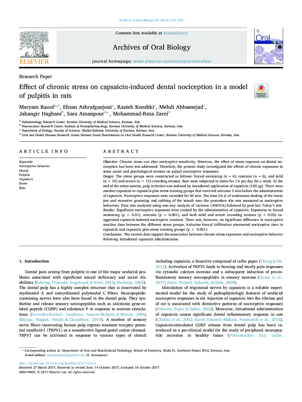 Effect of chronic stress on capsaicin-induced dental nociception in a model of pulpitis in rats