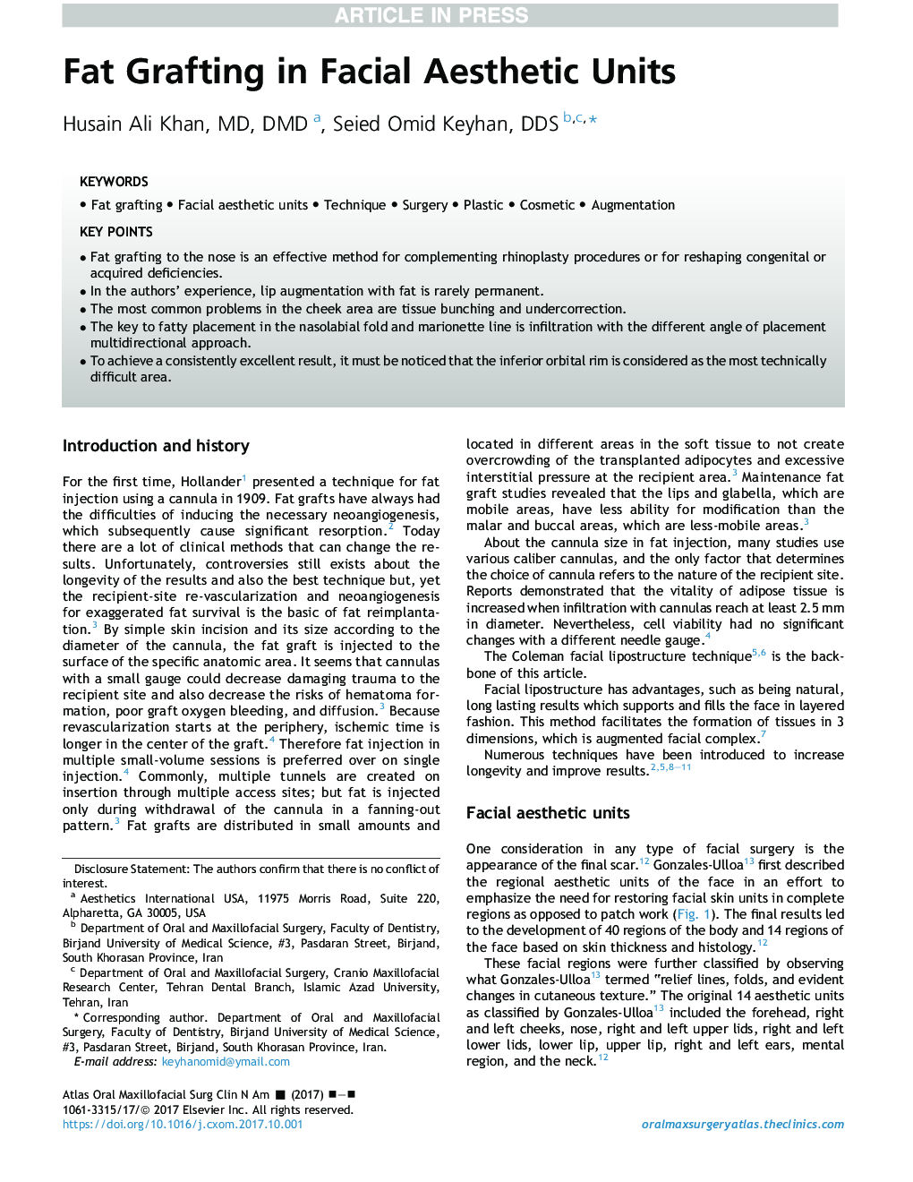 Fat Grafting in Facial Aesthetic Units