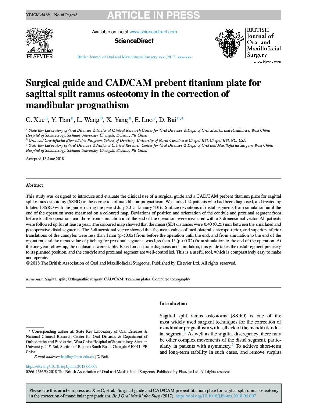 Surgical guide and CAD/CAM prebent titanium plate for sagittal split ramus osteotomy in the correction of mandibular prognathism