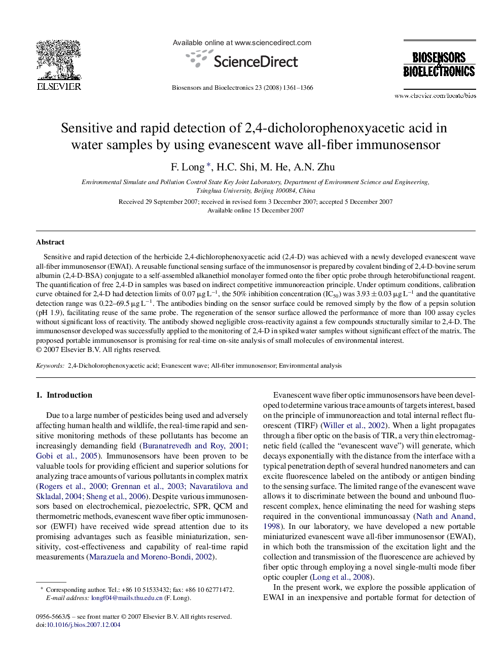 Sensitive and rapid detection of 2,4-dicholorophenoxyacetic acid in water samples by using evanescent wave all-fiber immunosensor