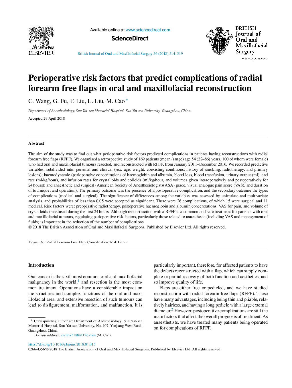 Perioperative risk factors that predict complications of radial forearm free flaps in oral and maxillofacial reconstruction