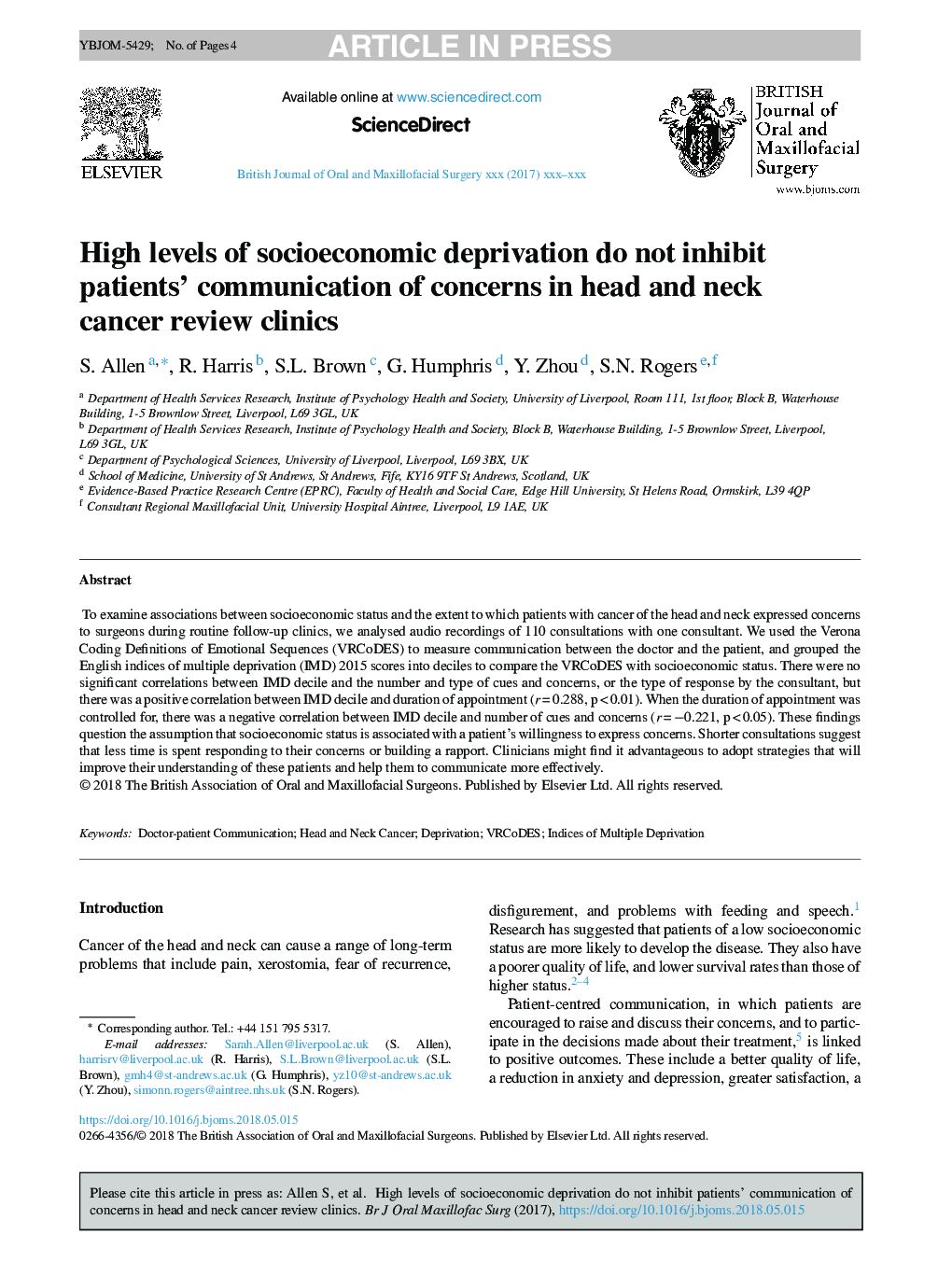 High levels of socioeconomic deprivation do not inhibit patients' communication of concerns in head and neck cancer review clinics