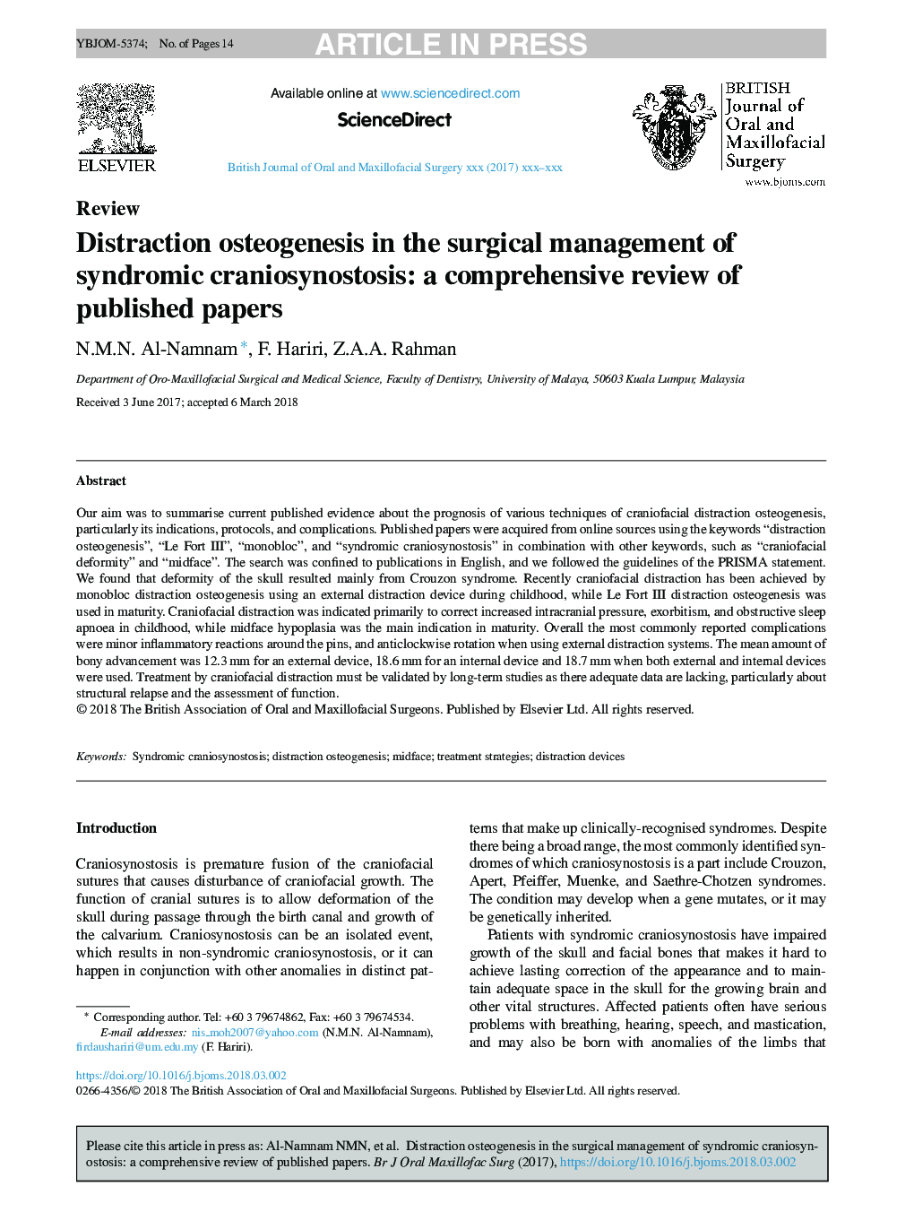 Distraction osteogenesis in the surgical management of syndromic craniosynostosis: a comprehensive review of published papers