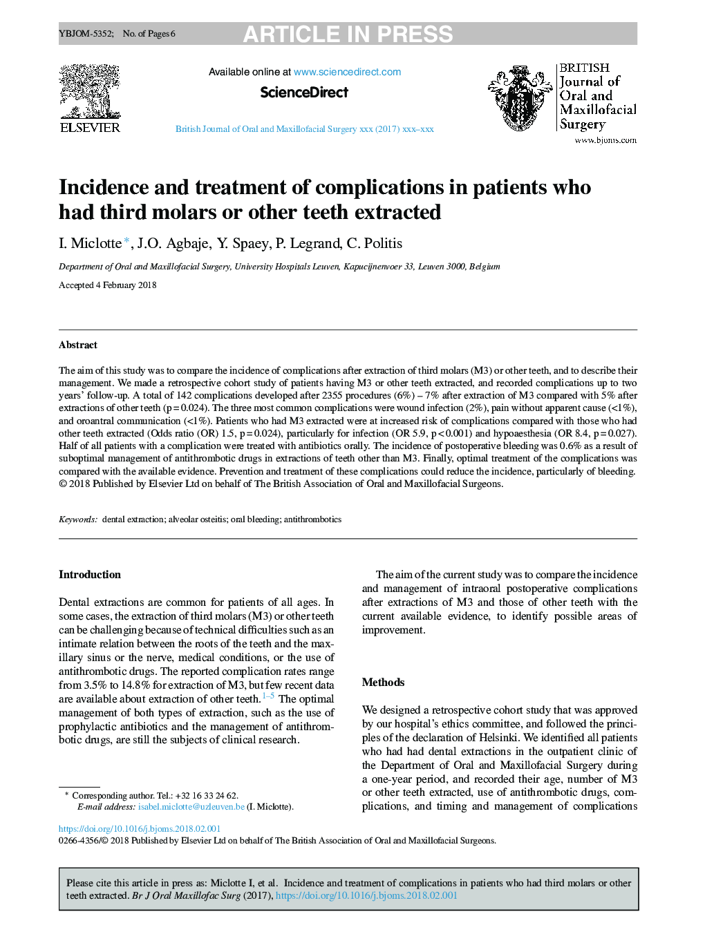 Incidence and treatment of complications in patients who had third molars or other teeth extracted