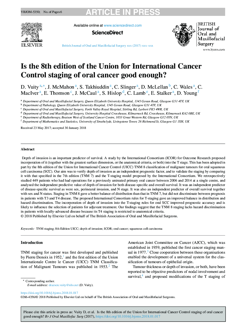 Is the 8th edition of the Union for International Cancer Control staging of oral cancer good enough?