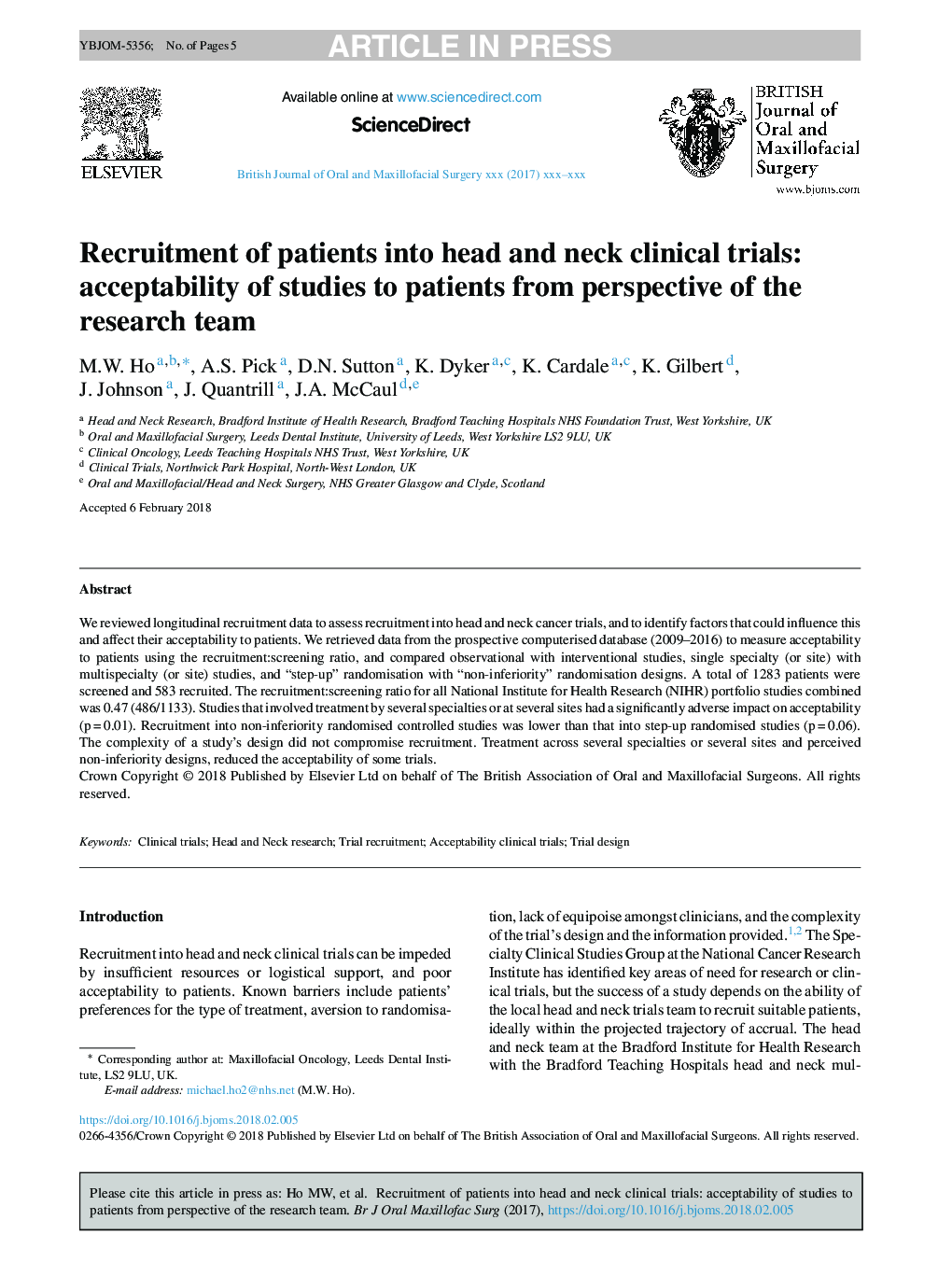 استخدام بیماران به آزمایشات بالینی سر و گردن: پذیرش مطالعات به بیماران از نظر تیم تحقیقاتی 
