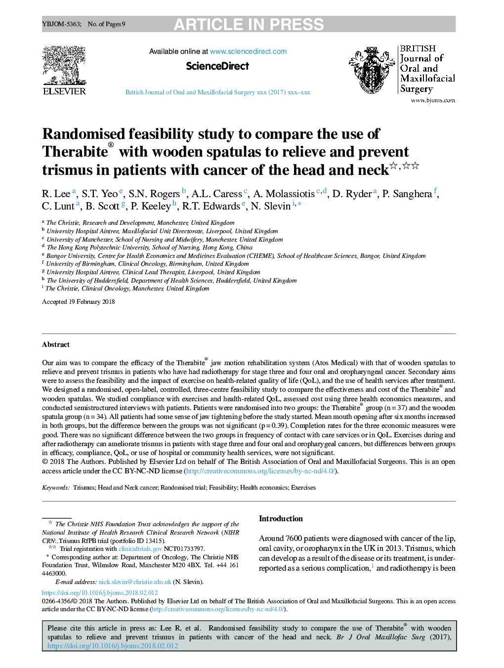 Randomised feasibility study to compare the use of Therabite® with wooden spatulas to relieve and prevent trismus in patients with cancer of the head and neck