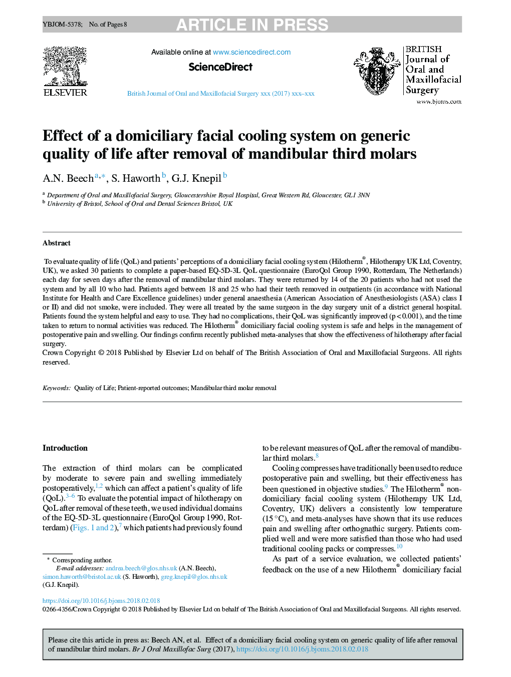 Effect of a domiciliary facial cooling system on generic quality of life after removal of mandibular third molars