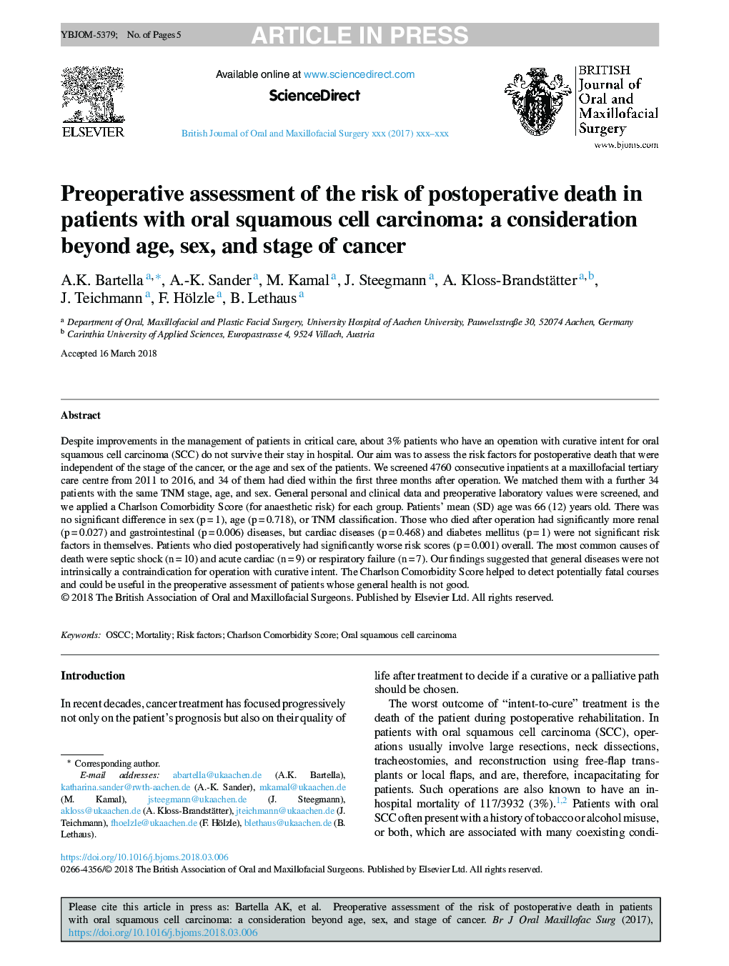 Preoperative assessment of the risk of postoperative death in patients with oral squamous cell carcinoma: a consideration beyond age, sex, and stage of cancer