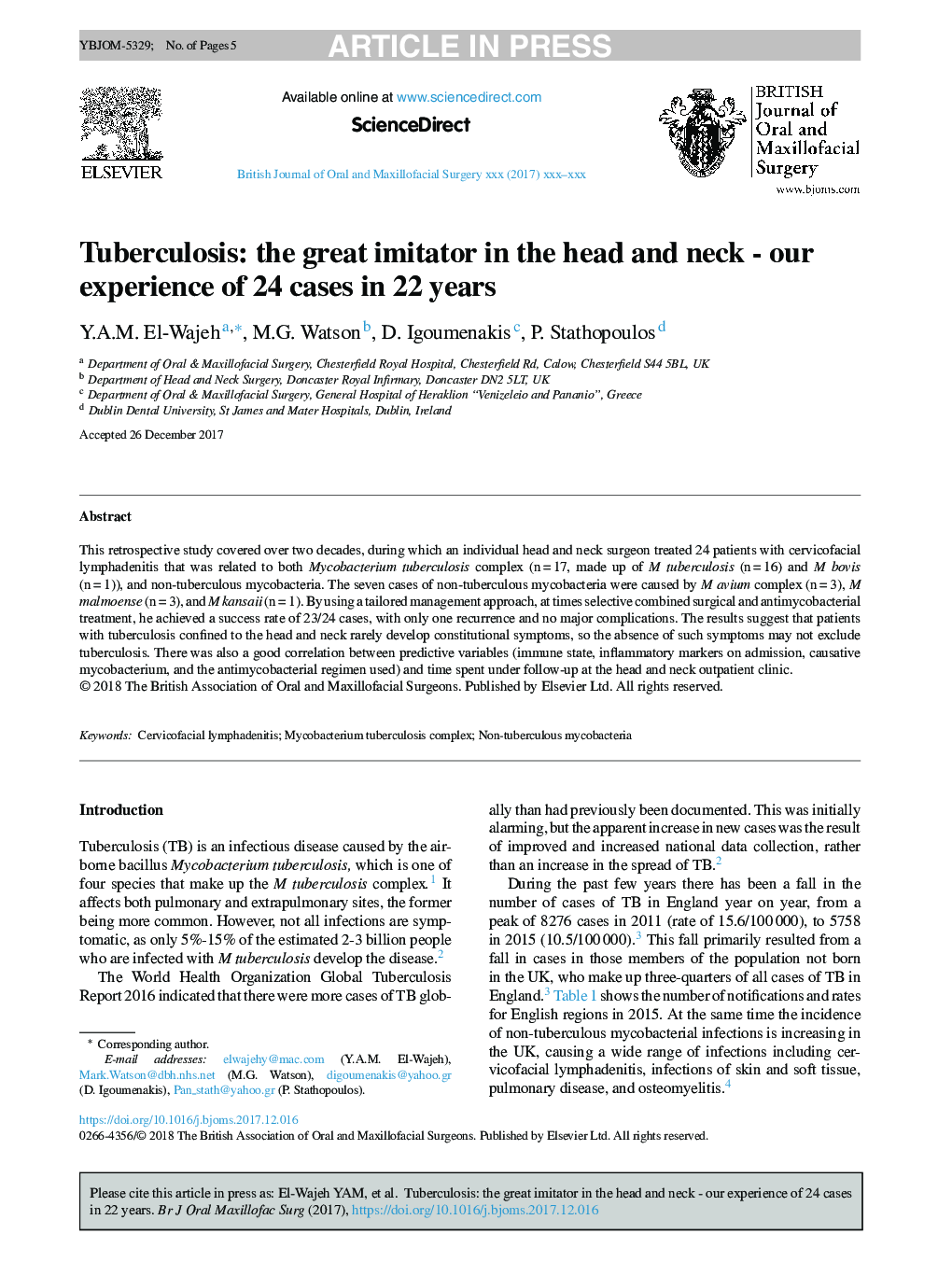 Tuberculosis: the great imitator in the head and neck - our experience of 24 cases in 22 years