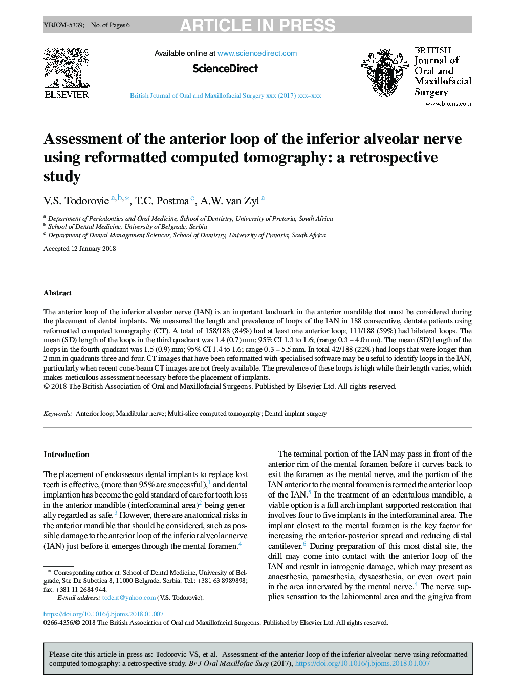 Assessment of the anterior loop of the inferior alveolar nerve using reformatted computed tomography: a retrospective study