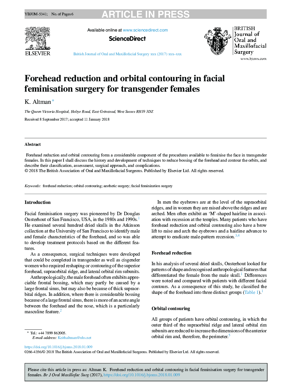 Forehead reduction and orbital contouring in facial feminisation surgery for transgender females