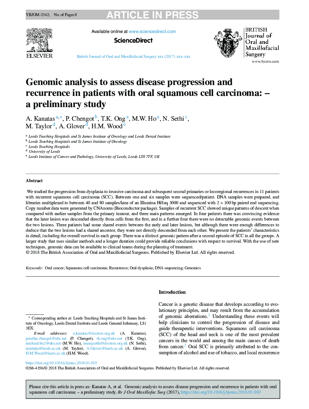 Genomic analysis to assess disease progression and recurrence in patients with oral squamous cell carcinoma: - a preliminary study