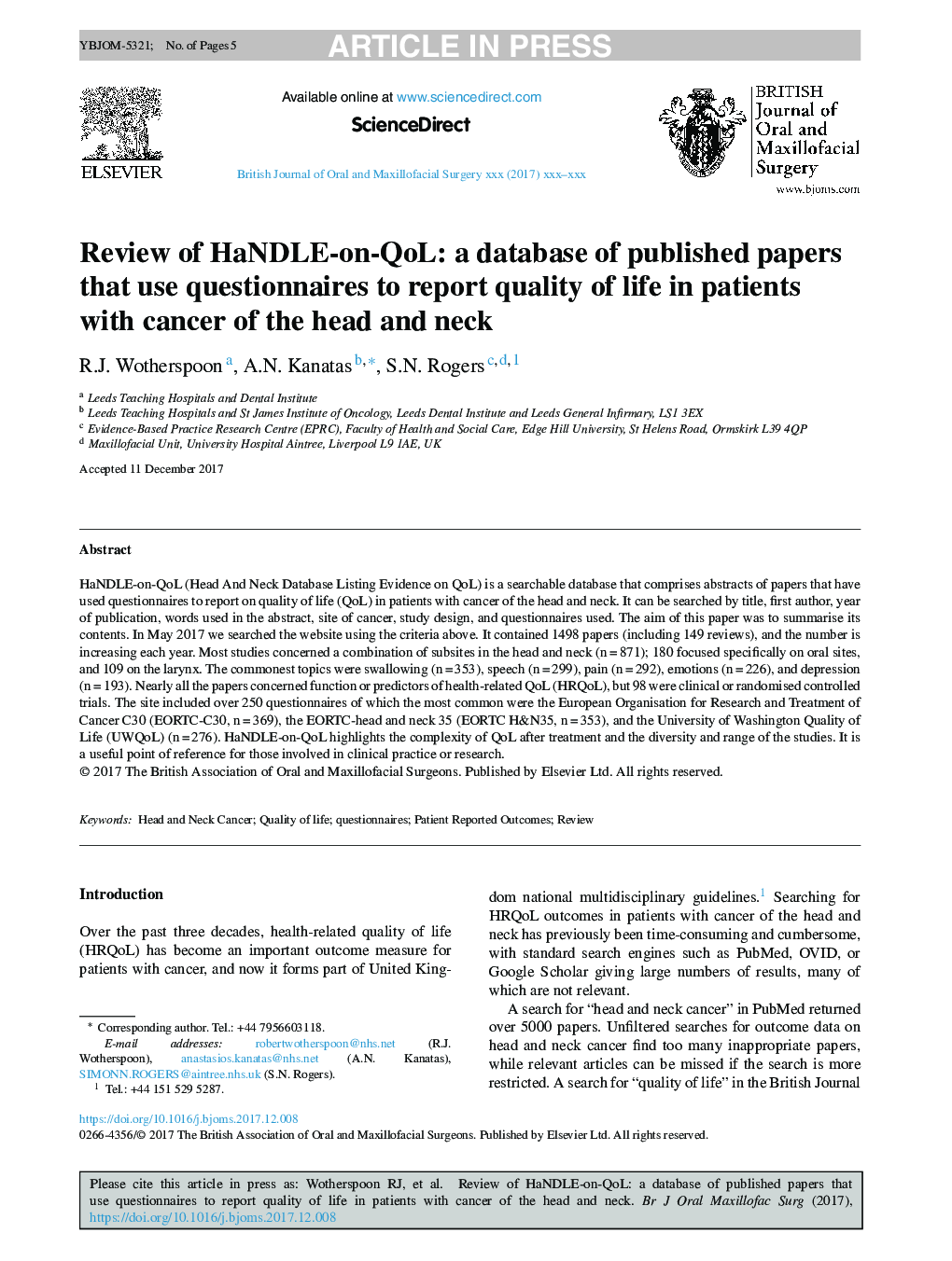 Review of HaNDLE-on-QoL: a database of published papers that use questionnaires to report quality of life in patients with cancer of the head and neck