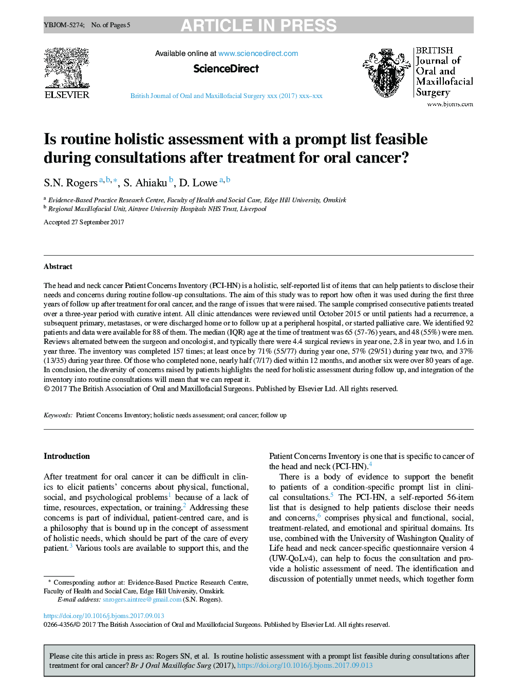 Is routine holistic assessment with a prompt list feasible during consultations after treatment for oral cancer?