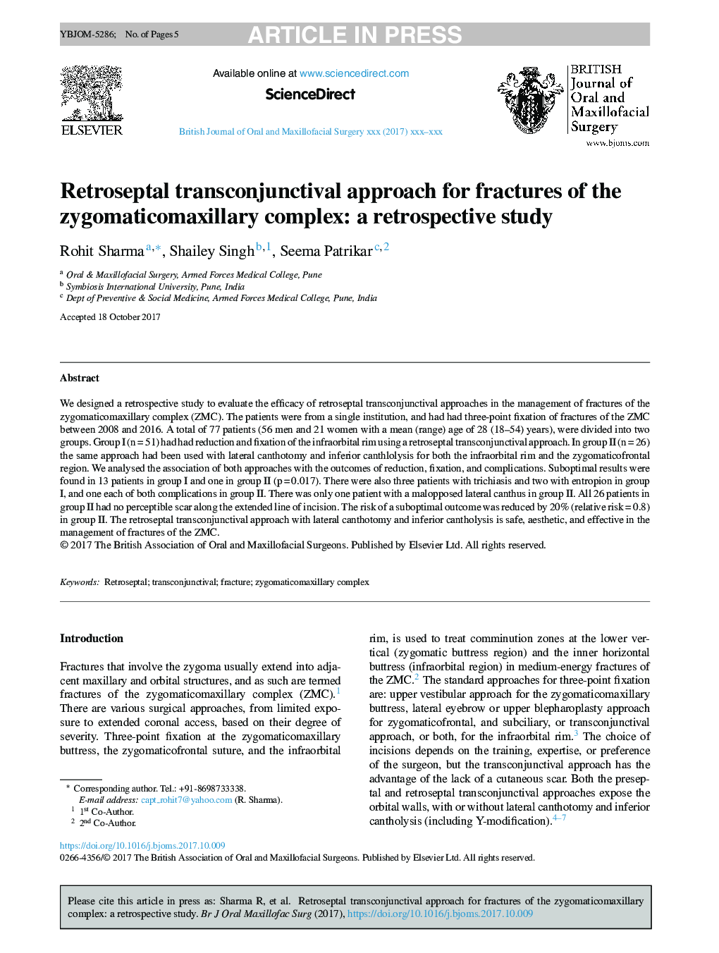 Retroseptal transconjunctival approach for fractures of the zygomaticomaxillary complex: a retrospective study