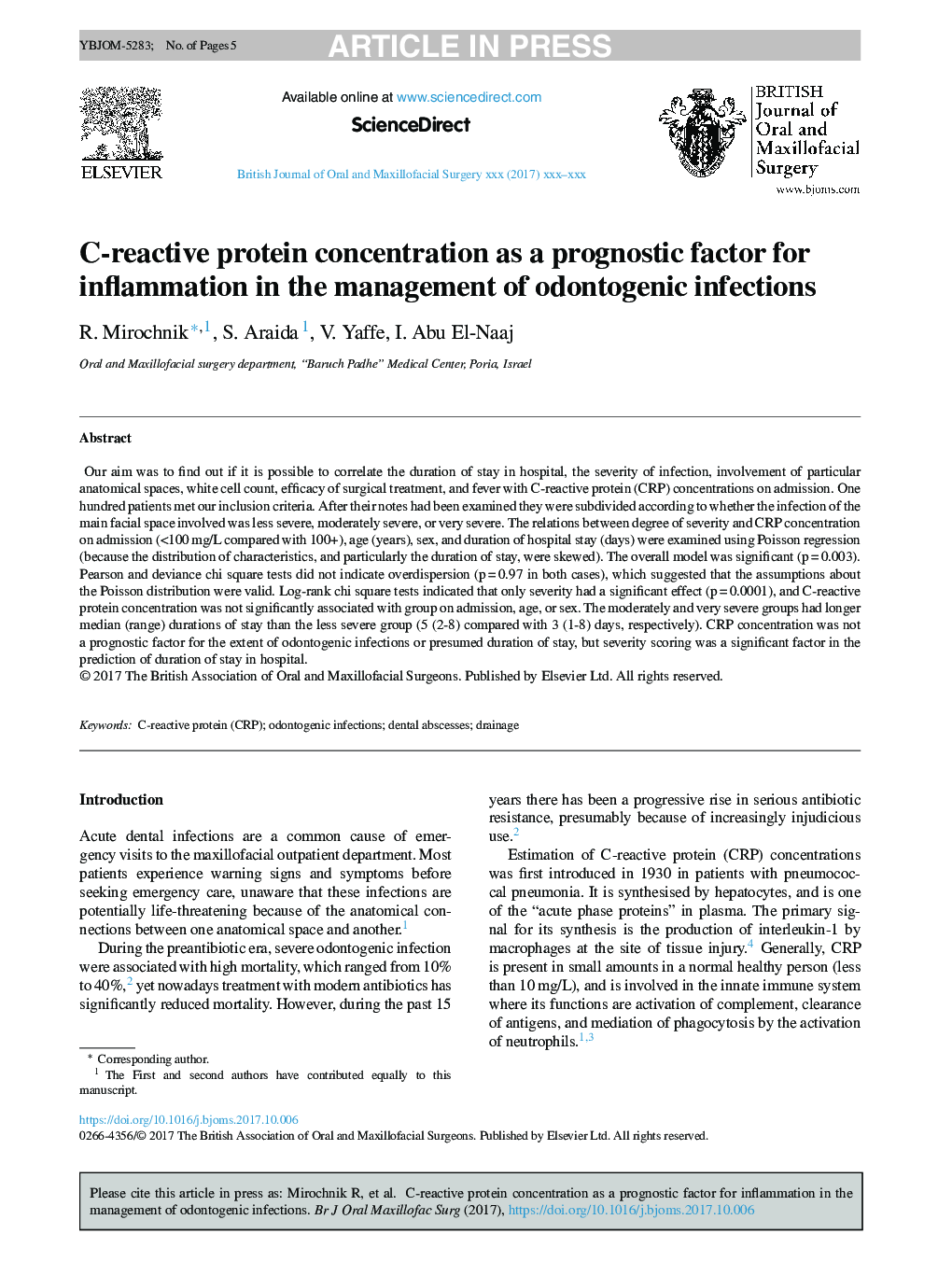 C-reactive protein concentration as a prognostic factor for inflammation in the management of odontogenic infections