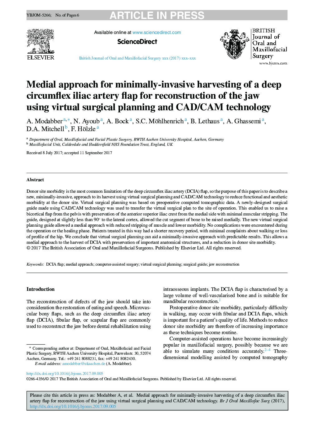 Medial approach for minimally-invasive harvesting of a deep circumflex iliac artery flap for reconstruction of the jaw using virtual surgical planning and CAD/CAM technology