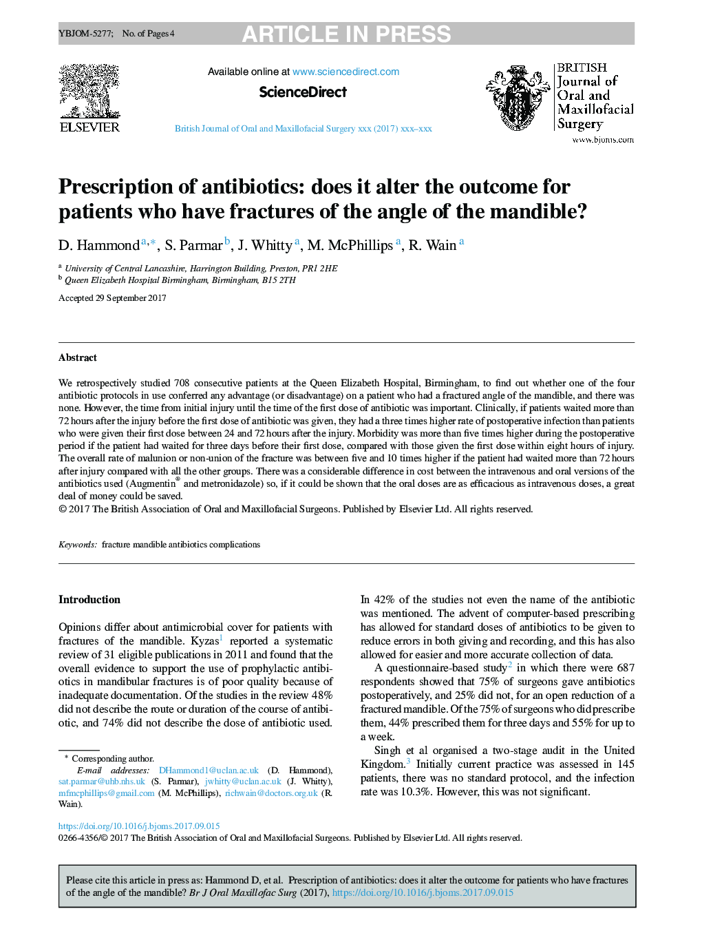 Prescription of antibiotics: does it alter the outcome for patients who have fractures of the angle of the mandible?