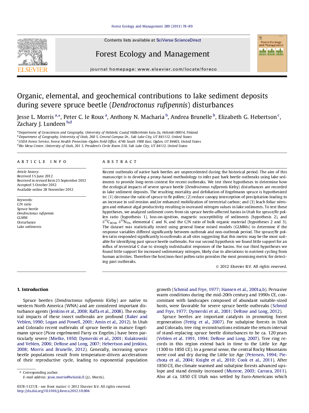 Organic, elemental, and geochemical contributions to lake sediment deposits during severe spruce beetle (Dendroctonus rufipennis) disturbances