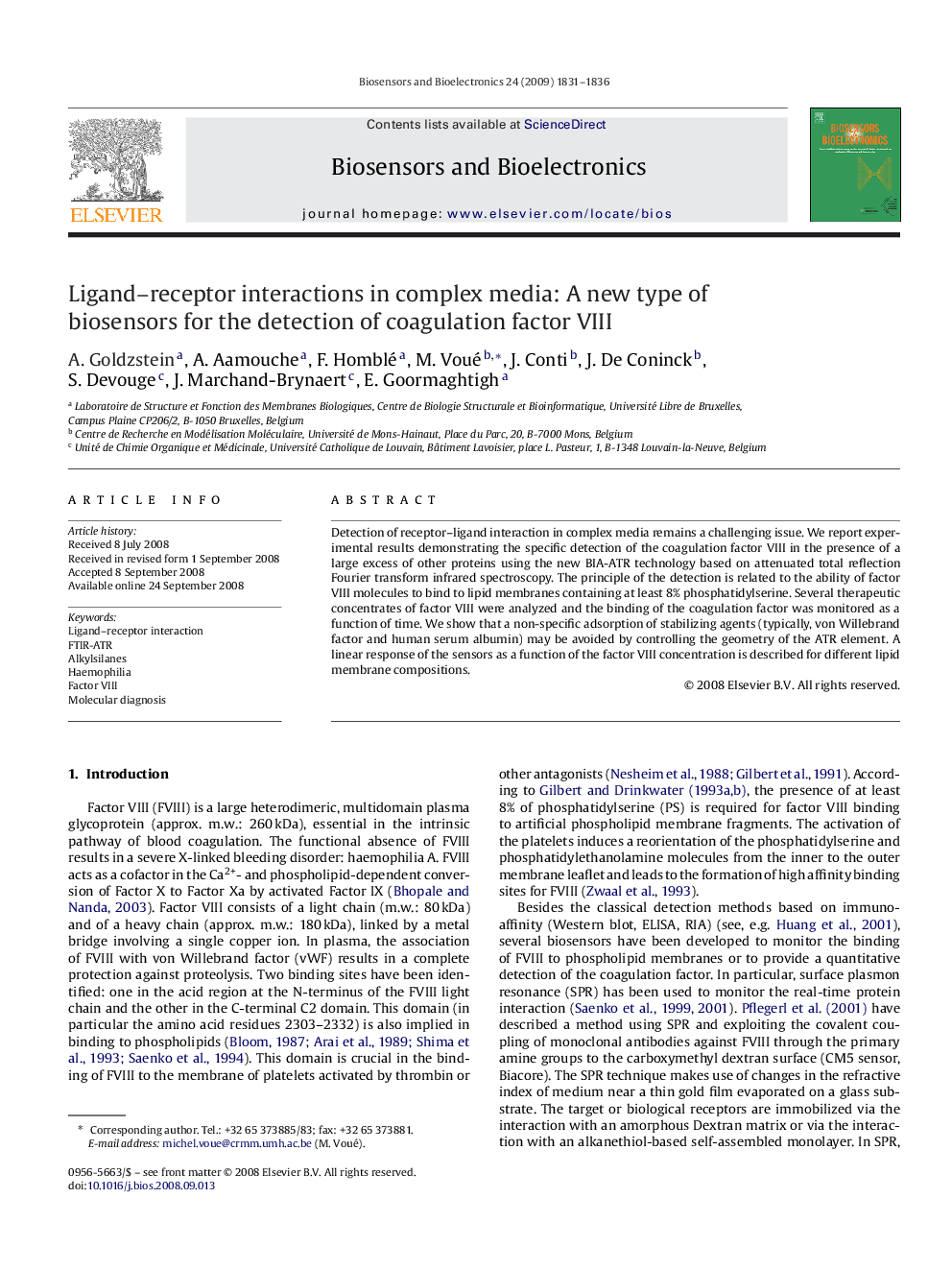 Ligand–receptor interactions in complex media: A new type of biosensors for the detection of coagulation factor VIII