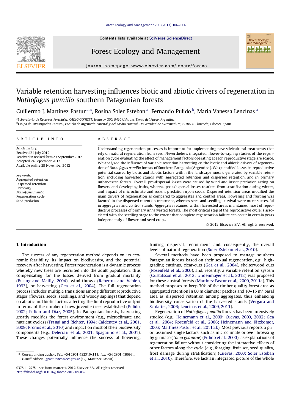 Variable retention harvesting influences biotic and abiotic drivers of regeneration in Nothofagus pumilio southern Patagonian forests