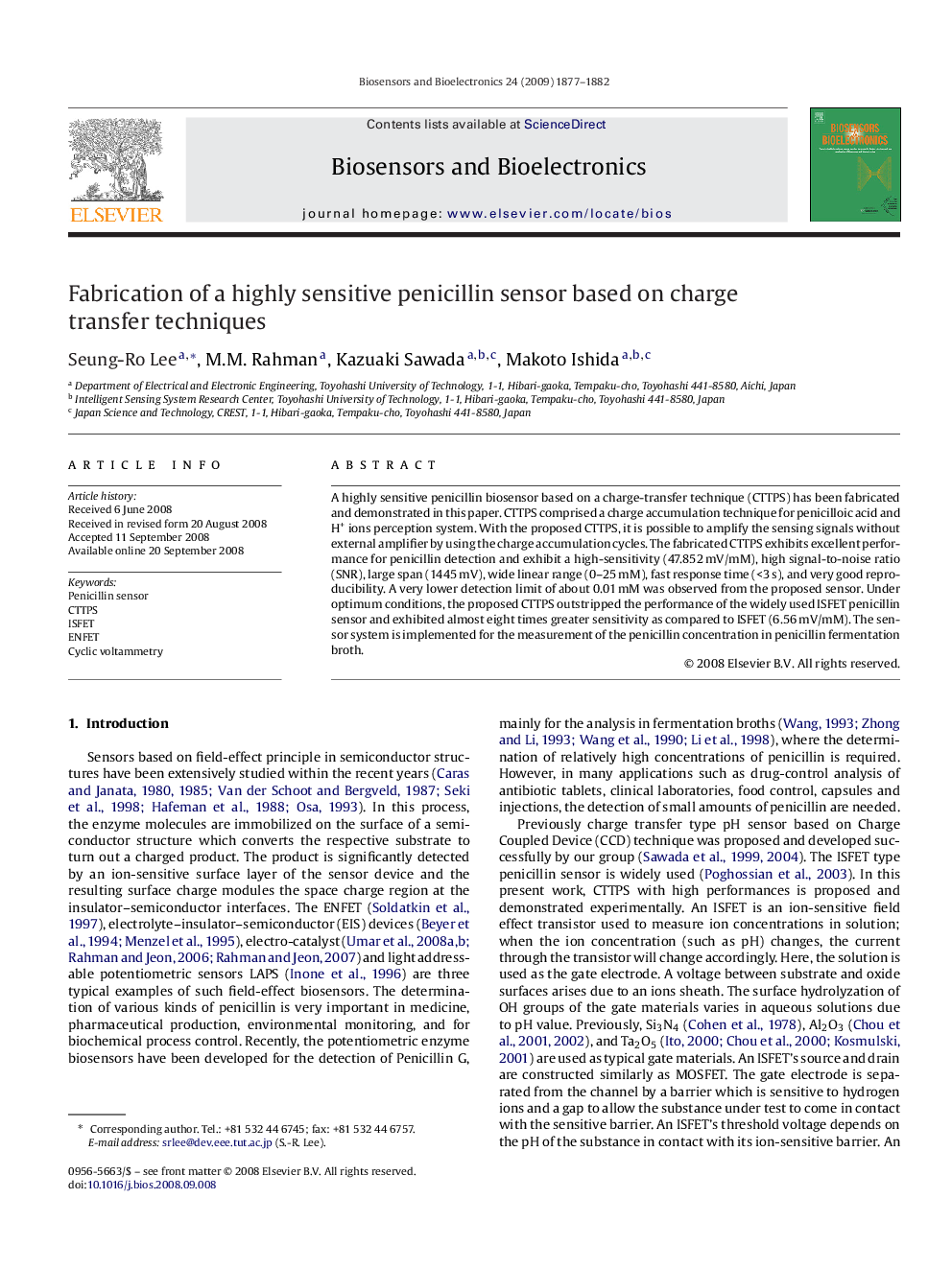 Fabrication of a highly sensitive penicillin sensor based on charge transfer techniques