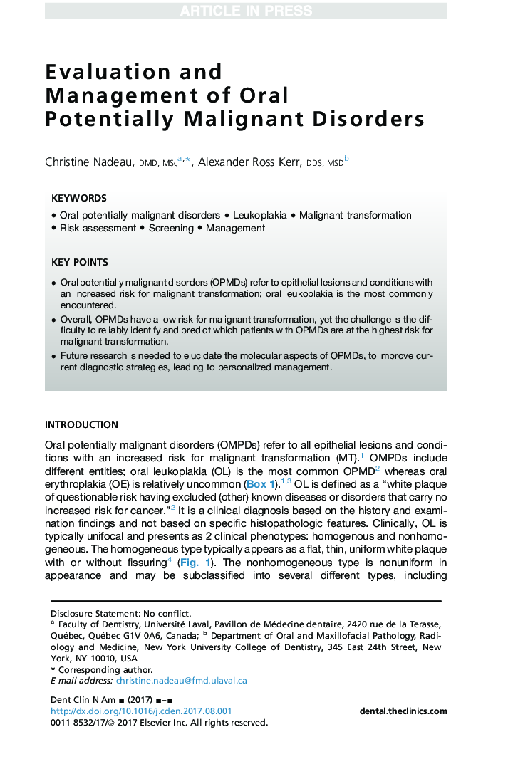 Evaluation and Management of Oral Potentially Malignant Disorders