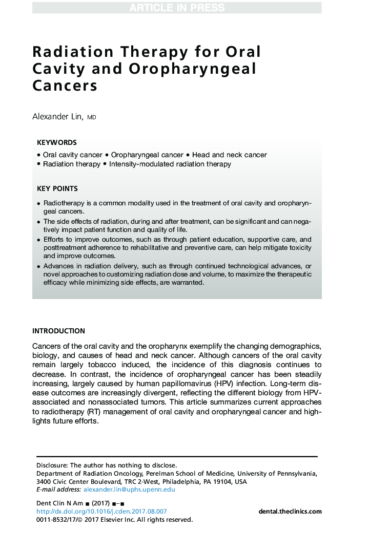 Radiation Therapy for Oral Cavity and Oropharyngeal Cancers