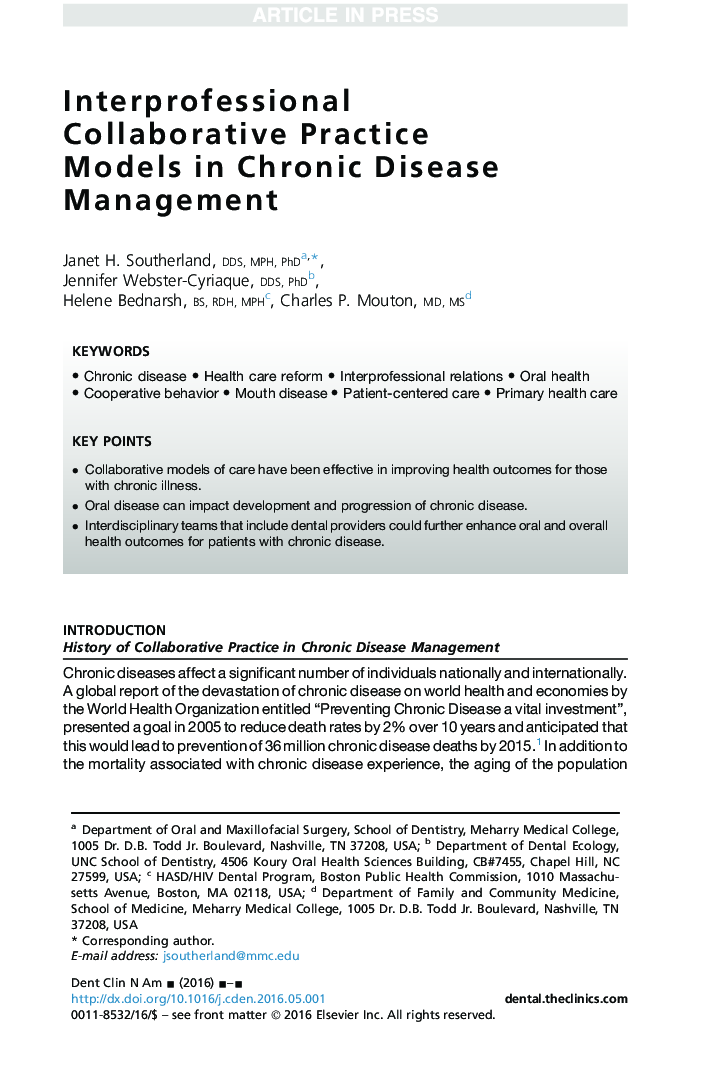 Interprofessional Collaborative Practice Models in Chronic Disease Management