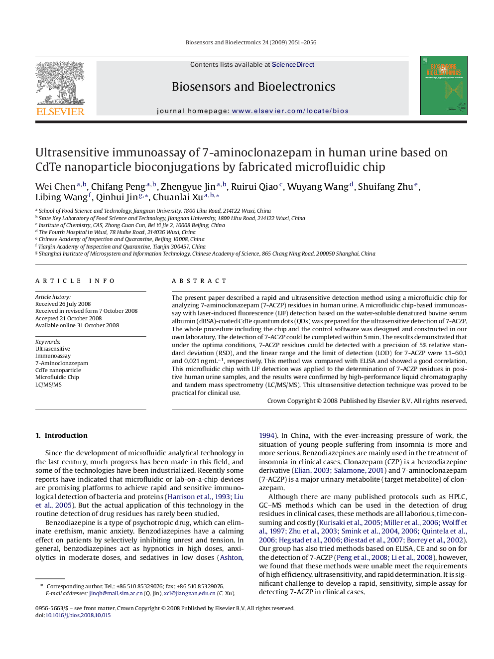 Ultrasensitive immunoassay of 7-aminoclonazepam in human urine based on CdTe nanoparticle bioconjugations by fabricated microfluidic chip