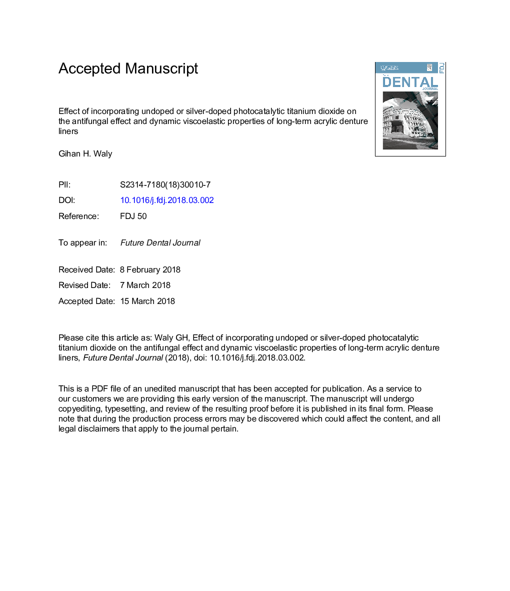 Effect of incorporating undoped or silver-doped photocatalytic titanium dioxide on the antifungal effect and dynamic viscoelastic properties of long-term acrylic denture liners