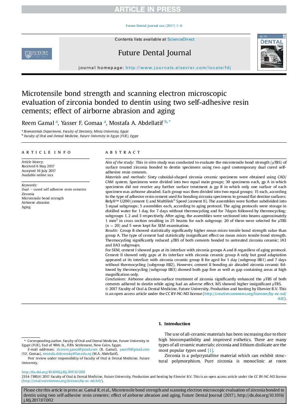 Microtensile bond strength and scanning electron microscopic evaluation of zirconia bonded to dentin using two self-adhesive resin cements; effect of airborne abrasion and aging