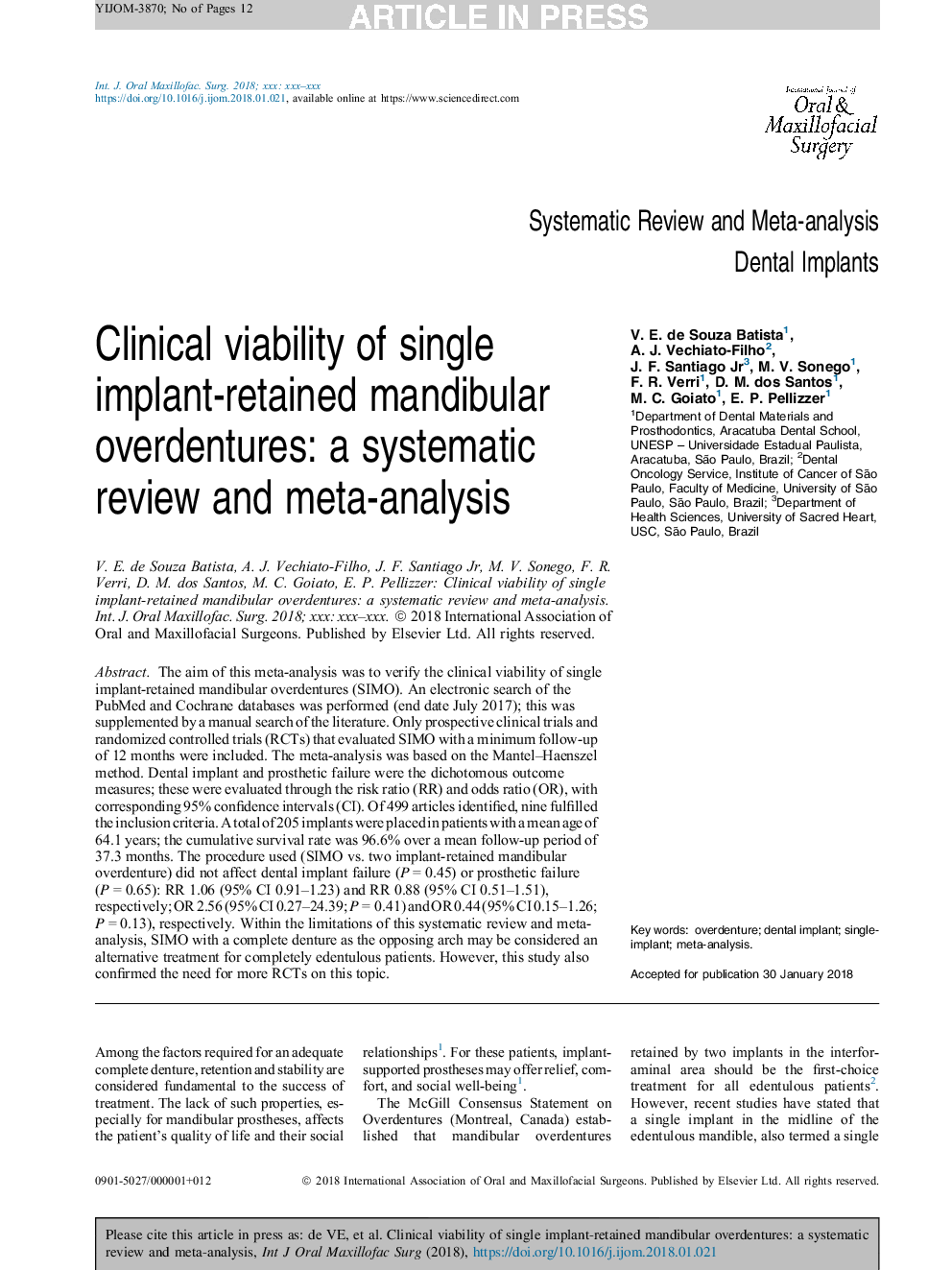 Clinical viability of single implant-retained mandibular overdentures: a systematic review and meta-analysis