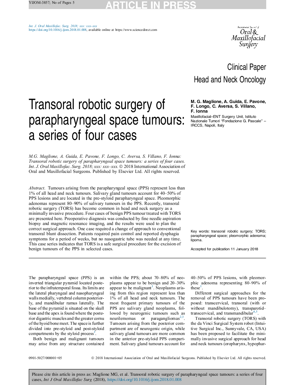 Transoral robotic surgery of parapharyngeal space tumours: a series of four cases