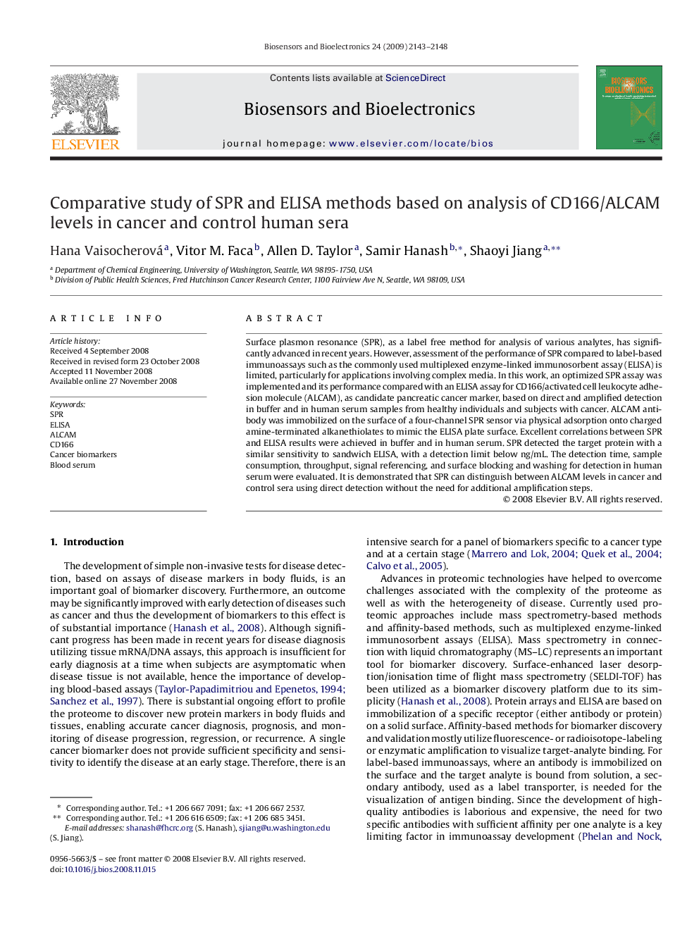 Comparative study of SPR and ELISA methods based on analysis of CD166/ALCAM levels in cancer and control human sera