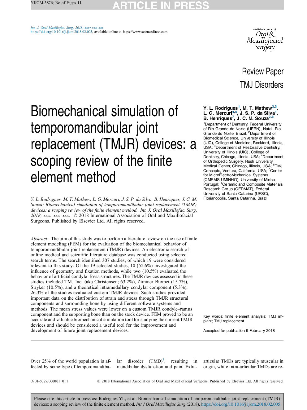 Biomechanical simulation of temporomandibular joint replacement (TMJR) devices: a scoping review of the finite element method