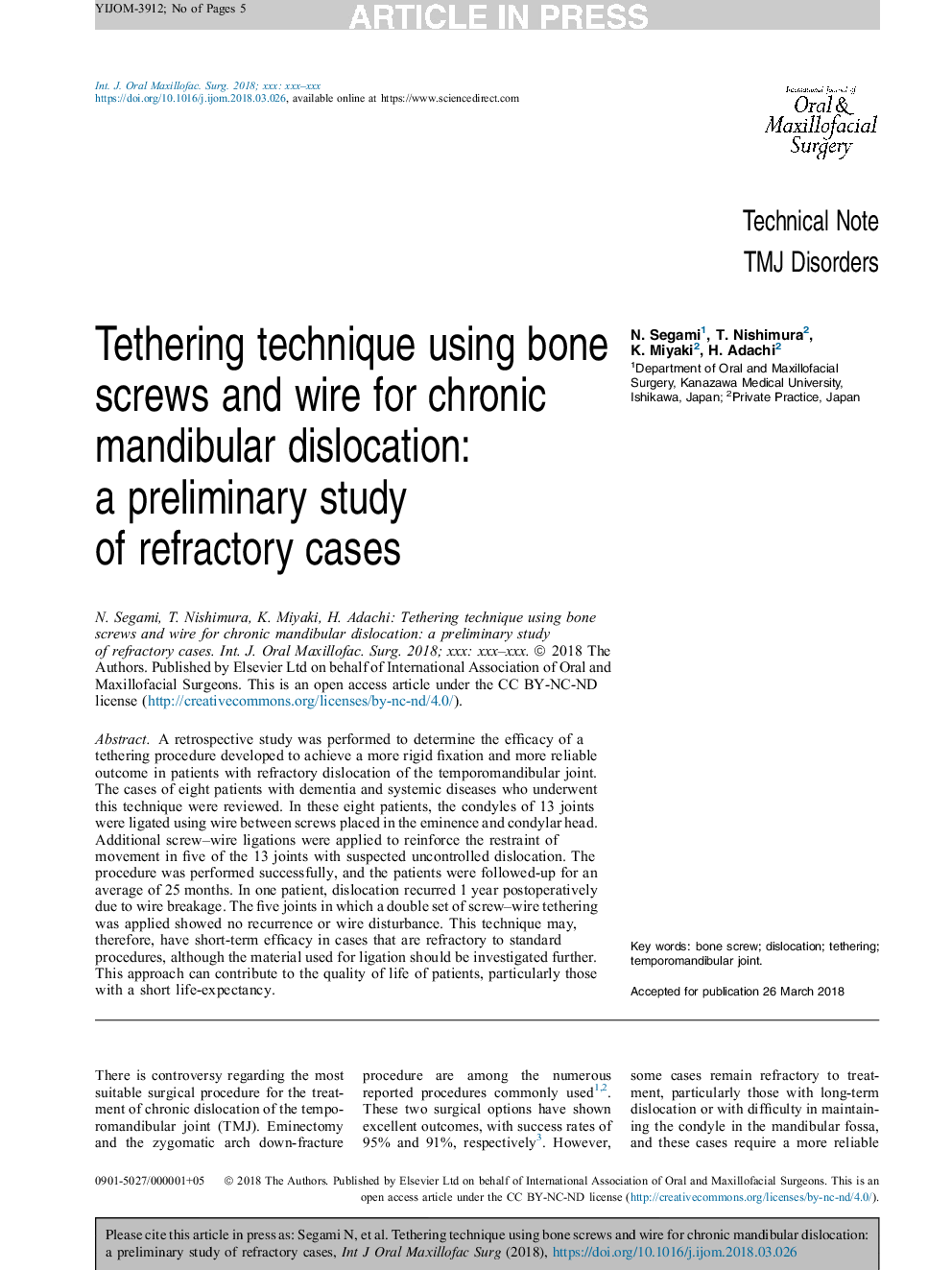 Tethering technique using bone screws and wire for chronic mandibular dislocation: a preliminary study of refractory cases