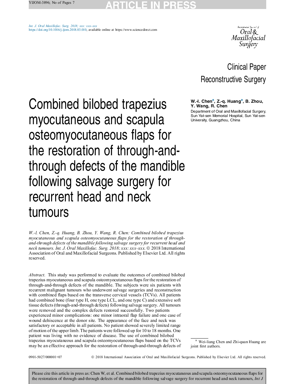 Combined bilobed trapezius myocutaneous and scapula osteomyocutaneous flaps for the restoration of through-and-through defects of the mandible following salvage surgery for recurrent head and neck tumours