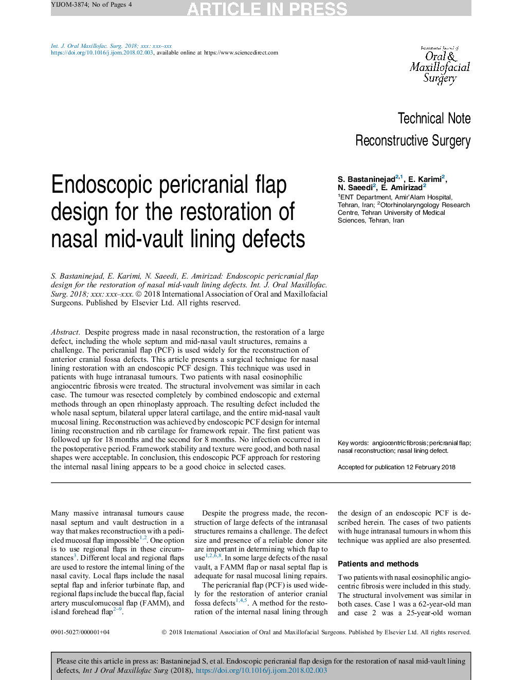 Endoscopic pericranial flap design for the restoration of nasal mid-vault lining defects