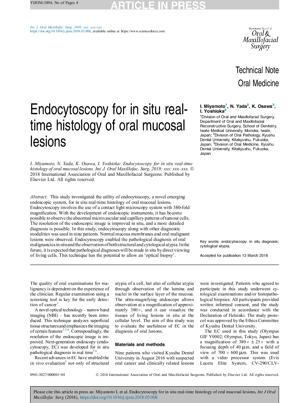 Endocytoscopy for in situ real-time histology of oral mucosal lesions