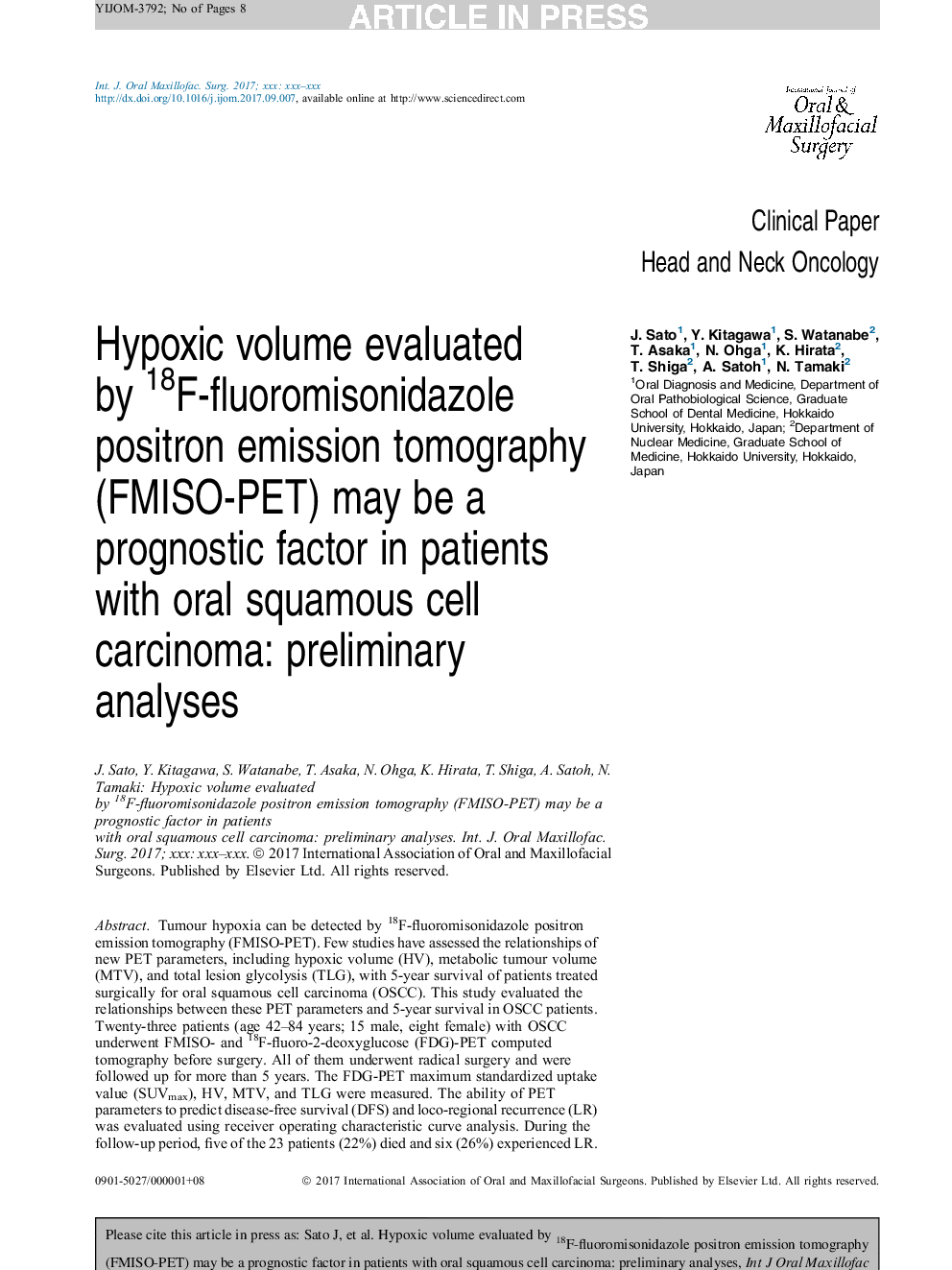 Hypoxic volume evaluated by 18F-fluoromisonidazole positron emission tomography (FMISO-PET) may be a prognostic factor in patients with oral squamous cell carcinoma: preliminary analyses